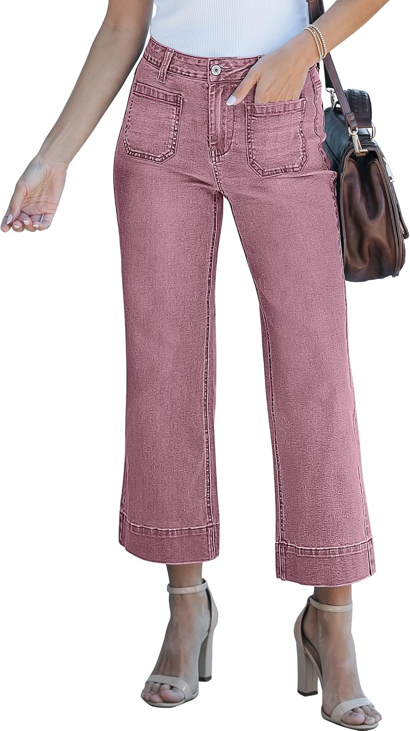 Corinne Women's High-Waisted Cropped Wide Leg Denim Jeans with Patch Pockets
