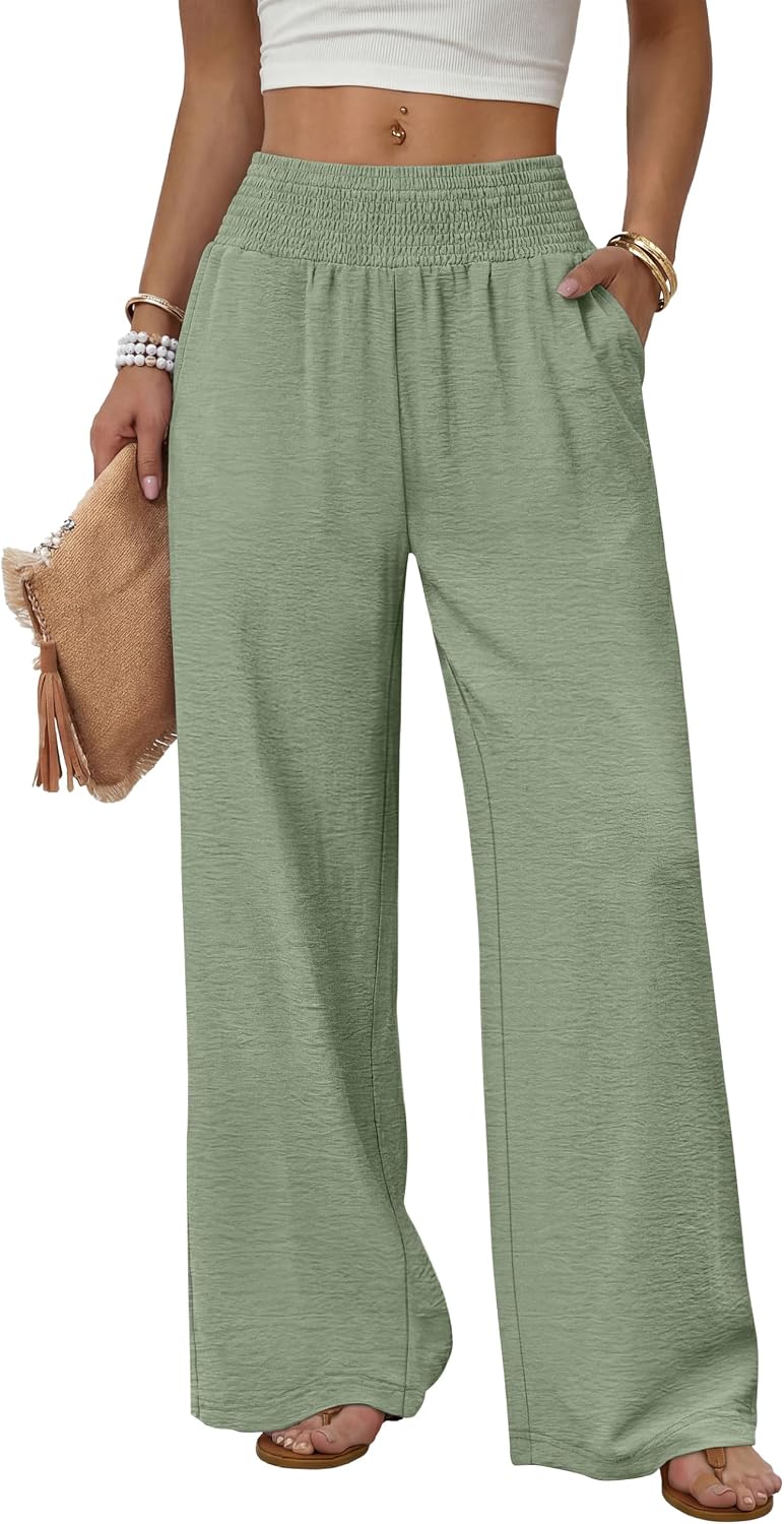 Solenne Women's High-Waisted Wide Leg Lounge Pants with Smocked Waist & Pockets