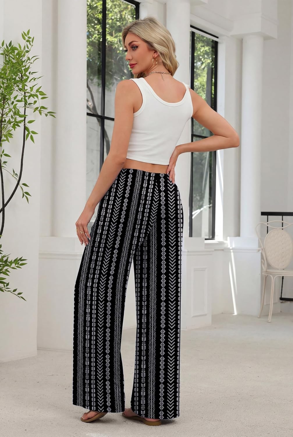 Evelyn - Bohemian Print Wide Leg Palazzo Pants with Elastic Waist and Side Pockets