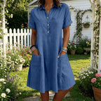 Evelina Linen Blend Shirt Dress – Short Sleeve Midi Dress with Pockets