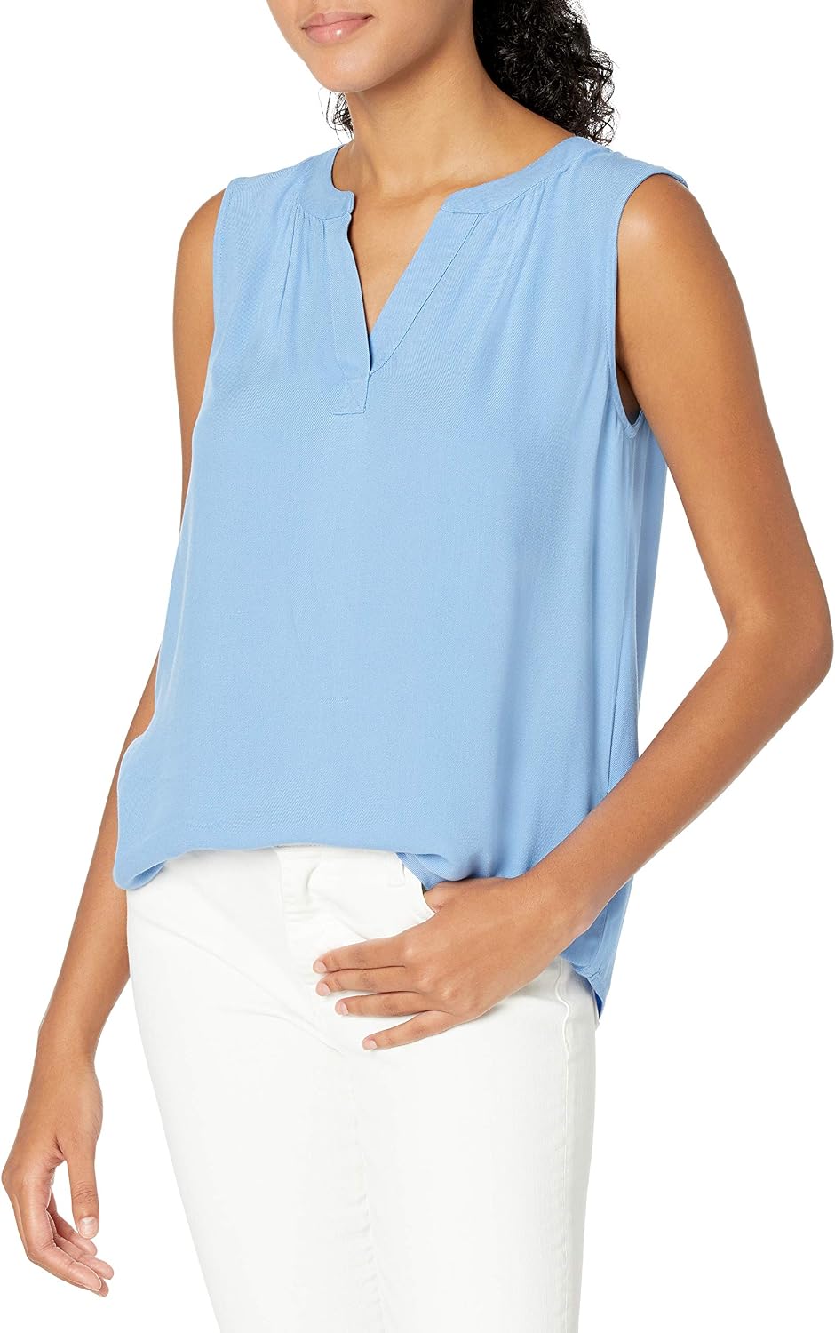 Kaelani Printed Sleeveless V-Neck Popover Shirt in Lightweight Flowy Twill Fabric