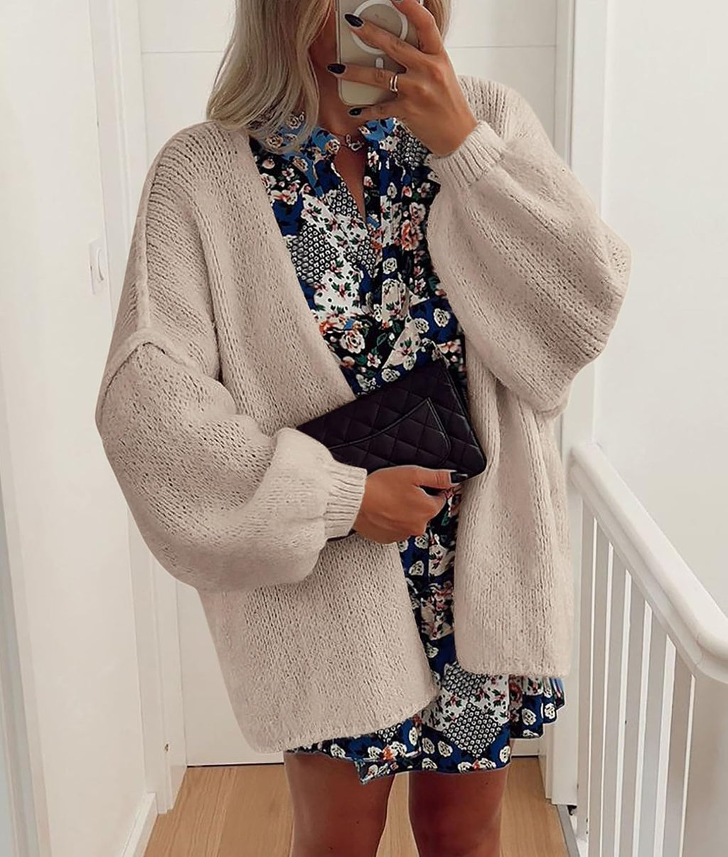 Sabrina - Oversized Open Front Chunky Knit Cardigan with Lantern Sleeves for Women
