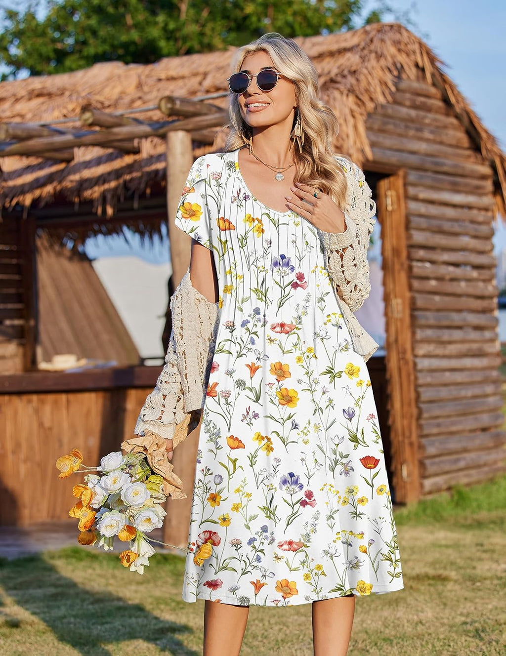 Rosalie Women's Pleated A-Line Midi Dress with V-Neck, Petal Sleeves & Side Pockets