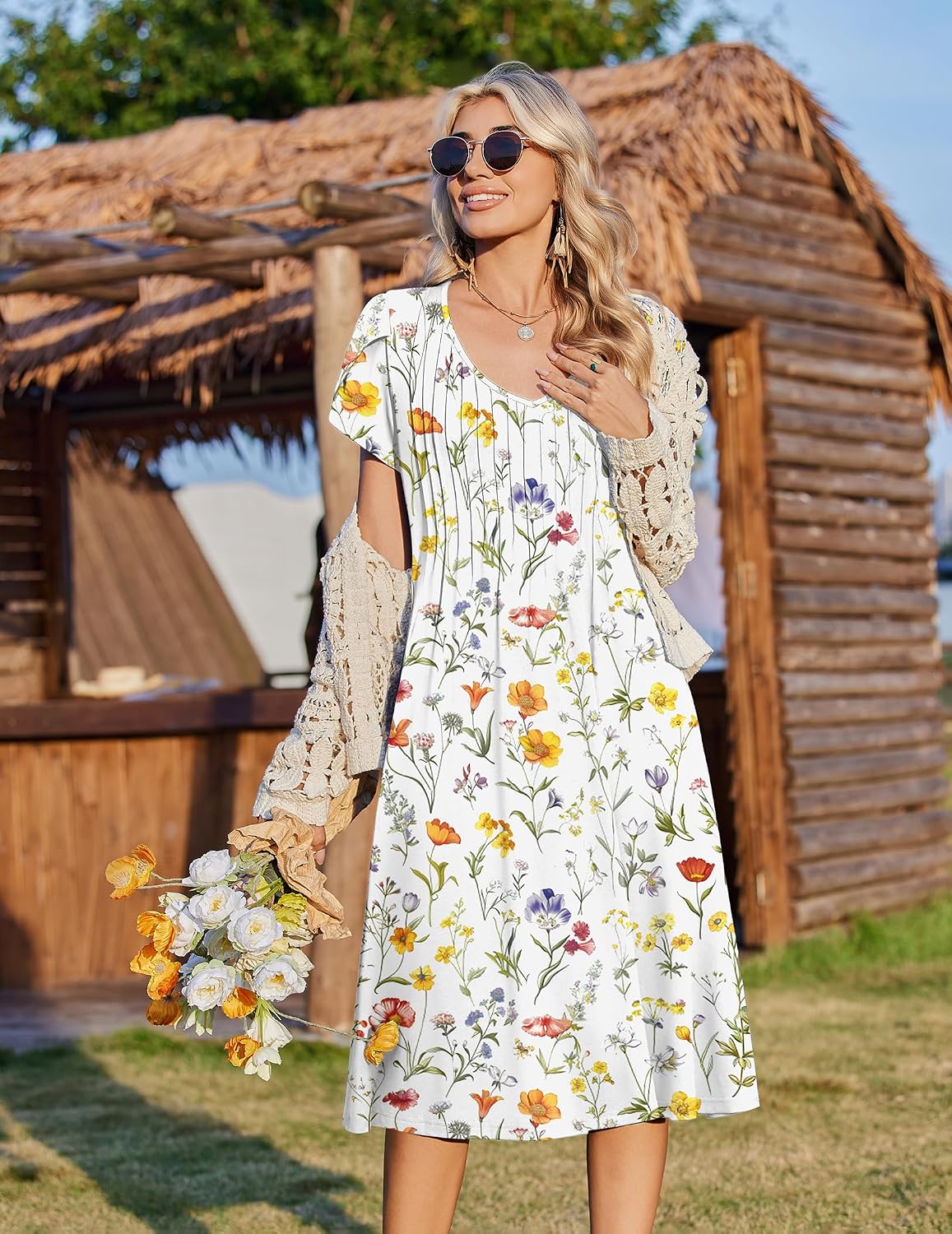 Rosalie Women's Pleated A-Line Midi Dress with V-Neck, Petal Sleeves & Side Pockets
