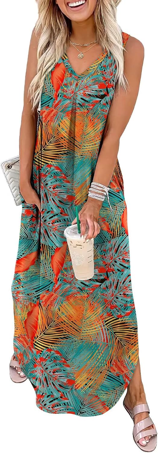 Ariella Women's Tropical Leaf Print Sleeveless Maxi Dress with V-Neck, Side Slit & Pockets