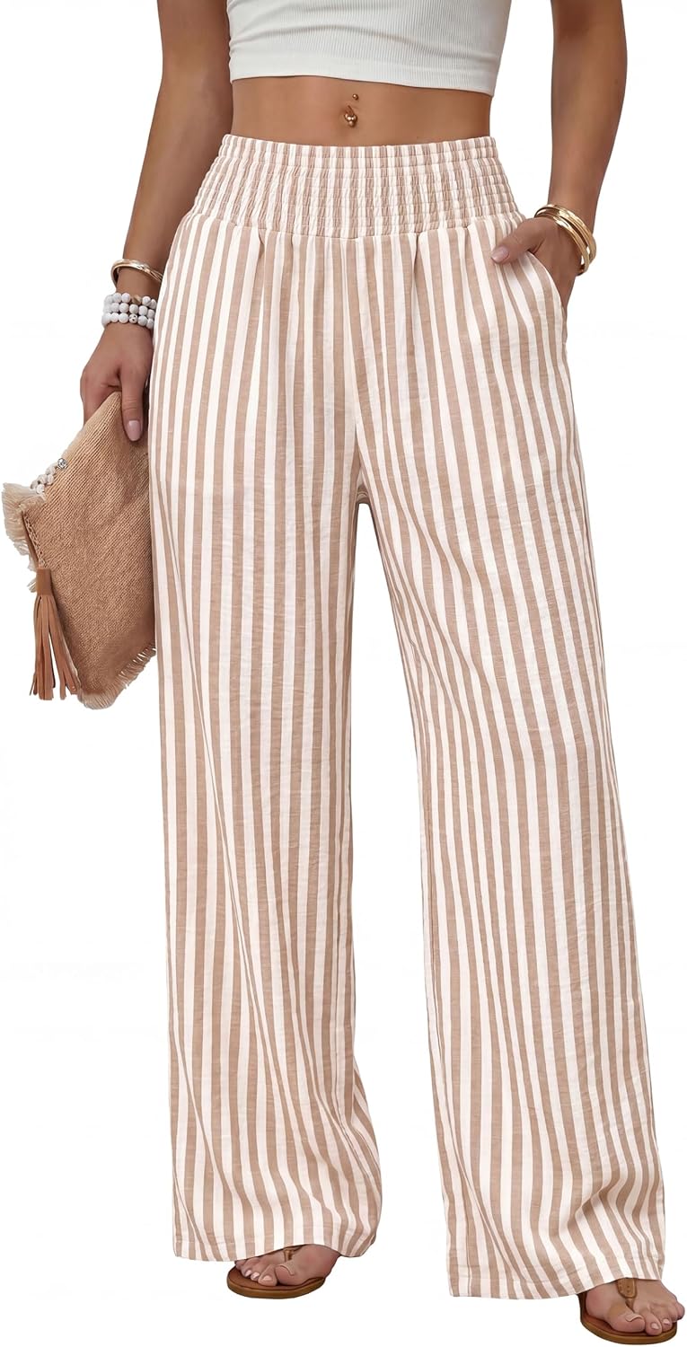 Solenne Women's High-Waisted Wide Leg Lounge Pants with Smocked Waist & Pockets