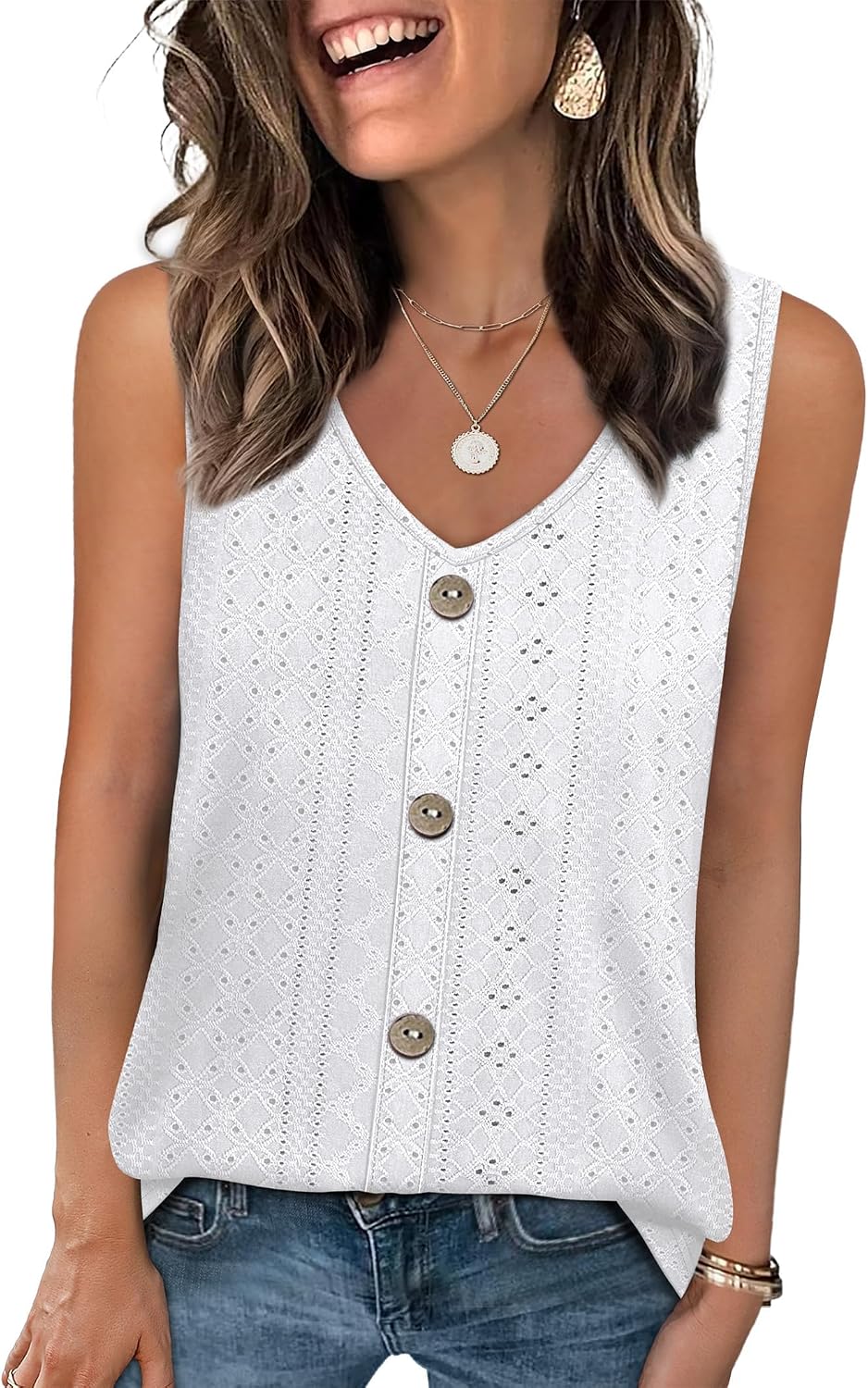 Aurette Women's Eyelet V-Neck Tank Top with Relaxed Sleeveless Silhouette