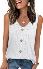 Aurette Women's Eyelet V-Neck Tank Top with Relaxed Sleeveless Silhouette