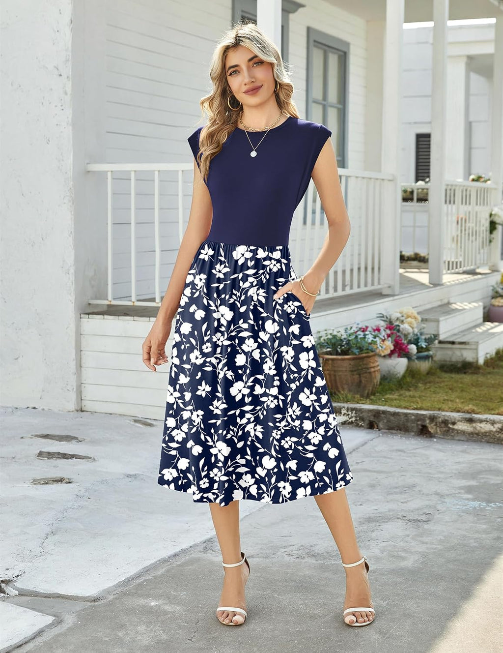 Noemi Women's Floral Midi Dress with Cap Sleeves, Round Neck & Side Pockets