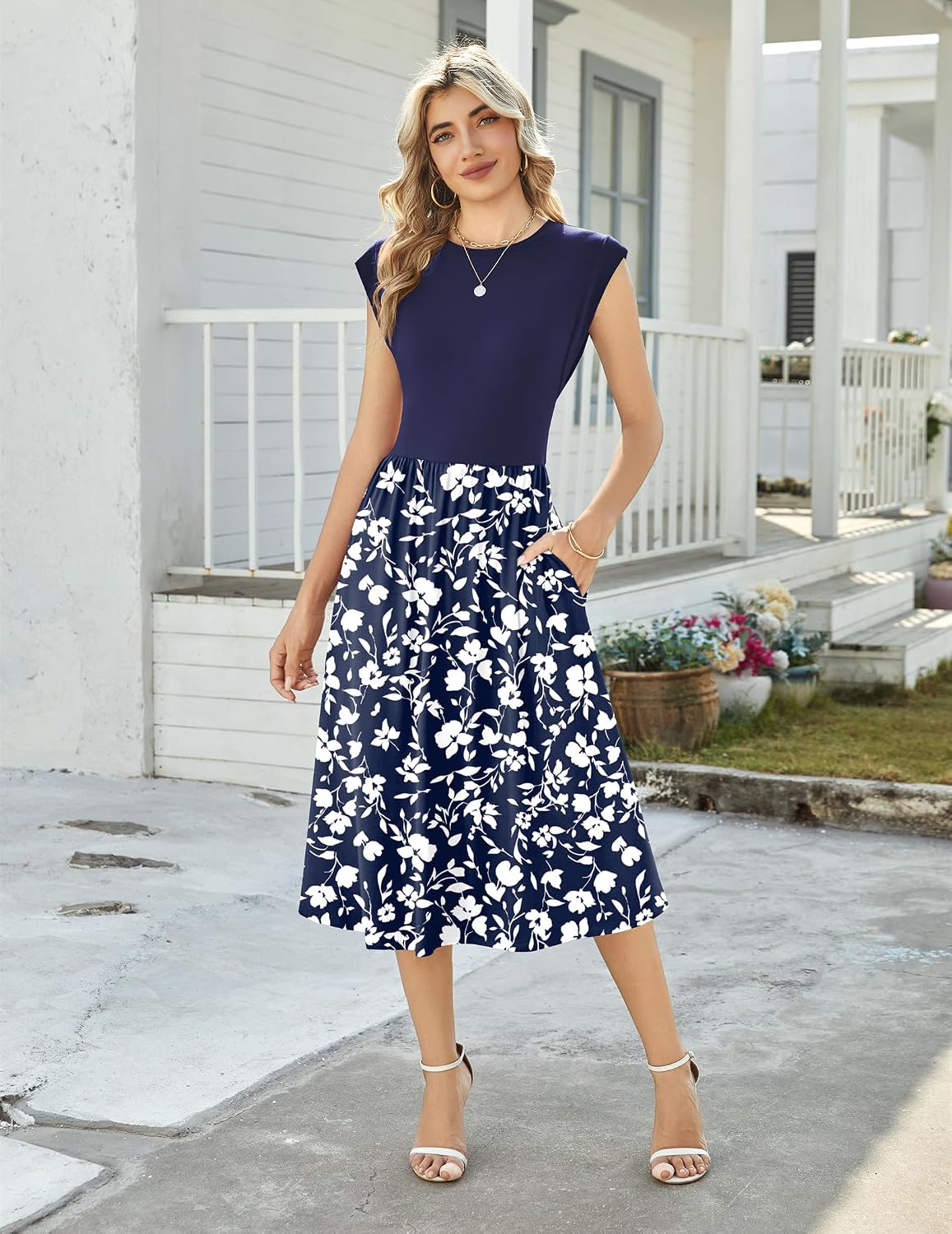 Noemi Women's Floral Midi Dress with Cap Sleeves, Round Neck & Side Pockets