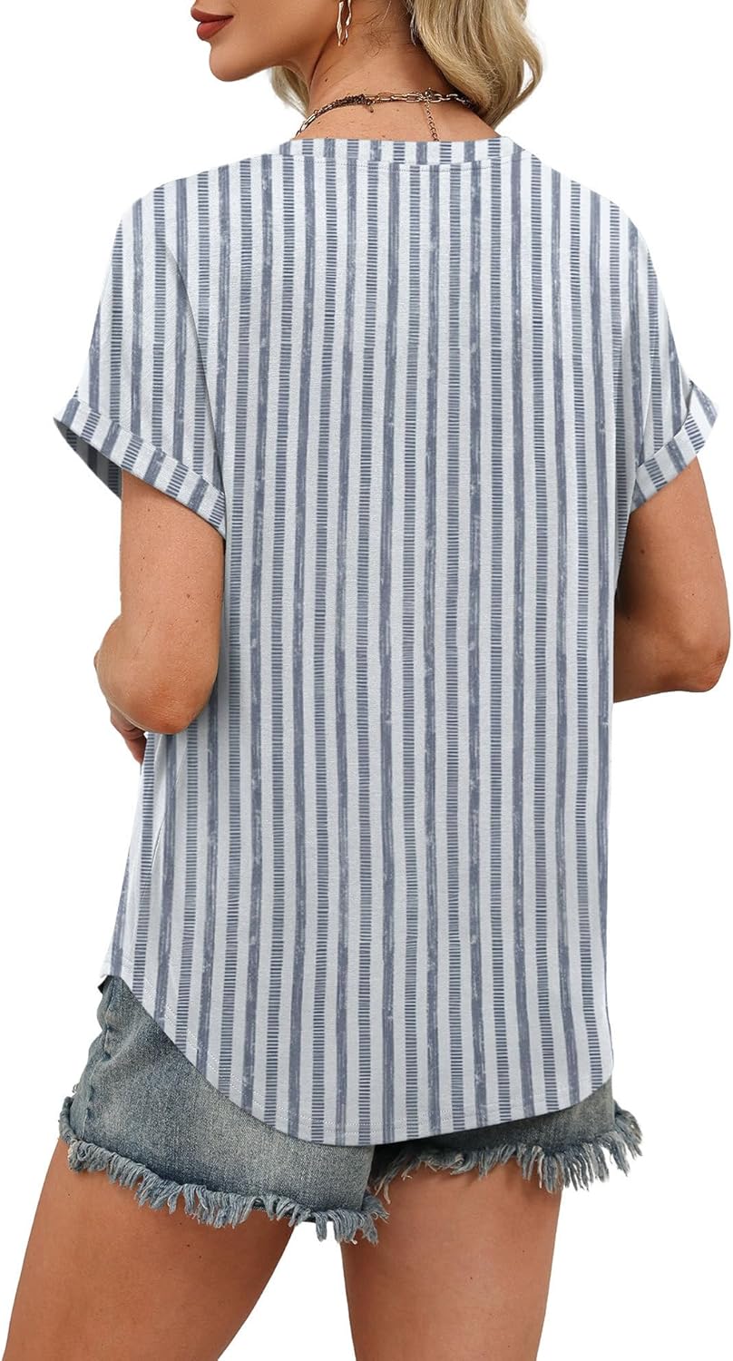 Celia Women's V-Neck Tunic Blouse with Rolled Short Sleeves & Relaxed Fit
