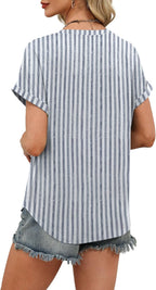 Celia Women's V-Neck Tunic Blouse with Rolled Short Sleeves & Relaxed Fit