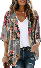 Giselle - Floral Chiffon Open Front Kimono Cardigan Beach Cover Up for Women