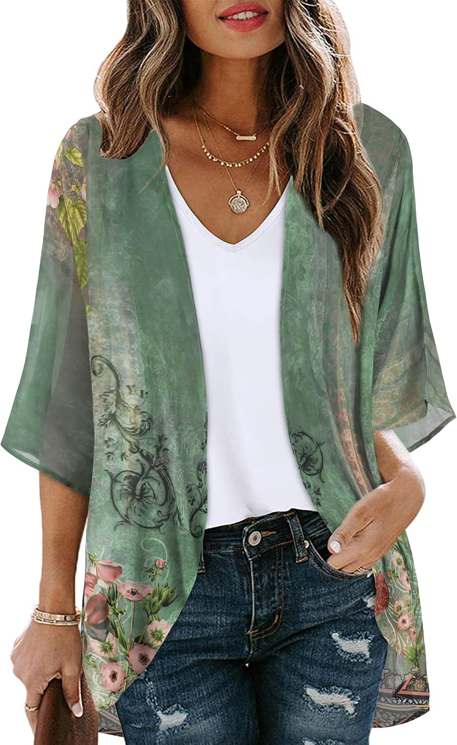 Giselle - Floral Chiffon Open Front Kimono Cardigan Beach Cover Up for Women