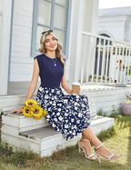 Noemi Women's Floral Midi Dress with Cap Sleeves, Round Neck & Side Pockets