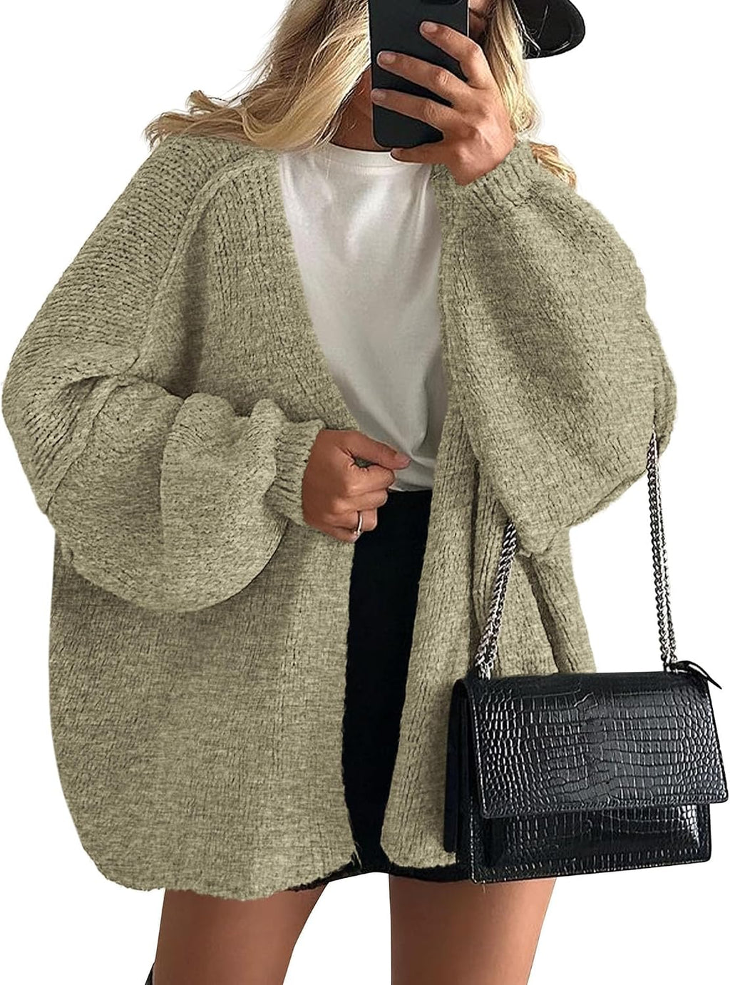 Sabrina - Oversized Open Front Chunky Knit Cardigan with Lantern Sleeves for Women