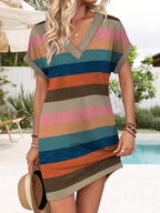 Elara Women's Casual V-Neck Midi T-Shirt Dress with Cuffed Sleeves & Side Pockets