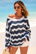Lourdes - Linen Blend Oversized Striped Crochet Bell Sleeve Summer Sweater for Women