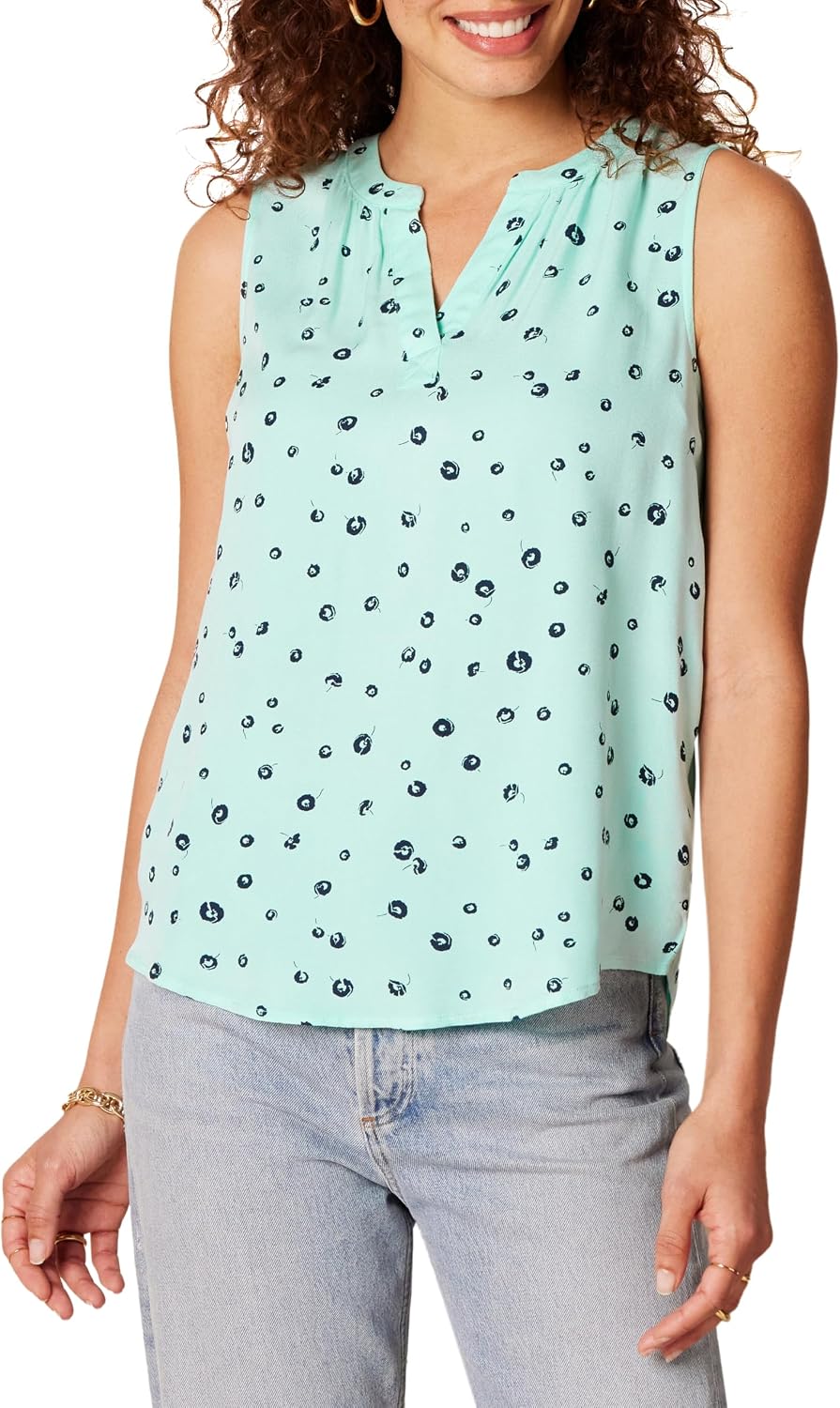 Kaelani Printed Sleeveless V-Neck Popover Shirt in Lightweight Flowy Twill Fabric