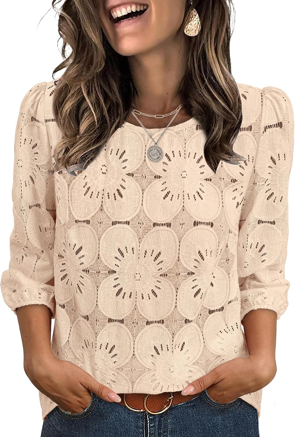 Adeline Women's Eyelet Lace Blouse with 3/4 Puff Sleeves & Embroidered Detail