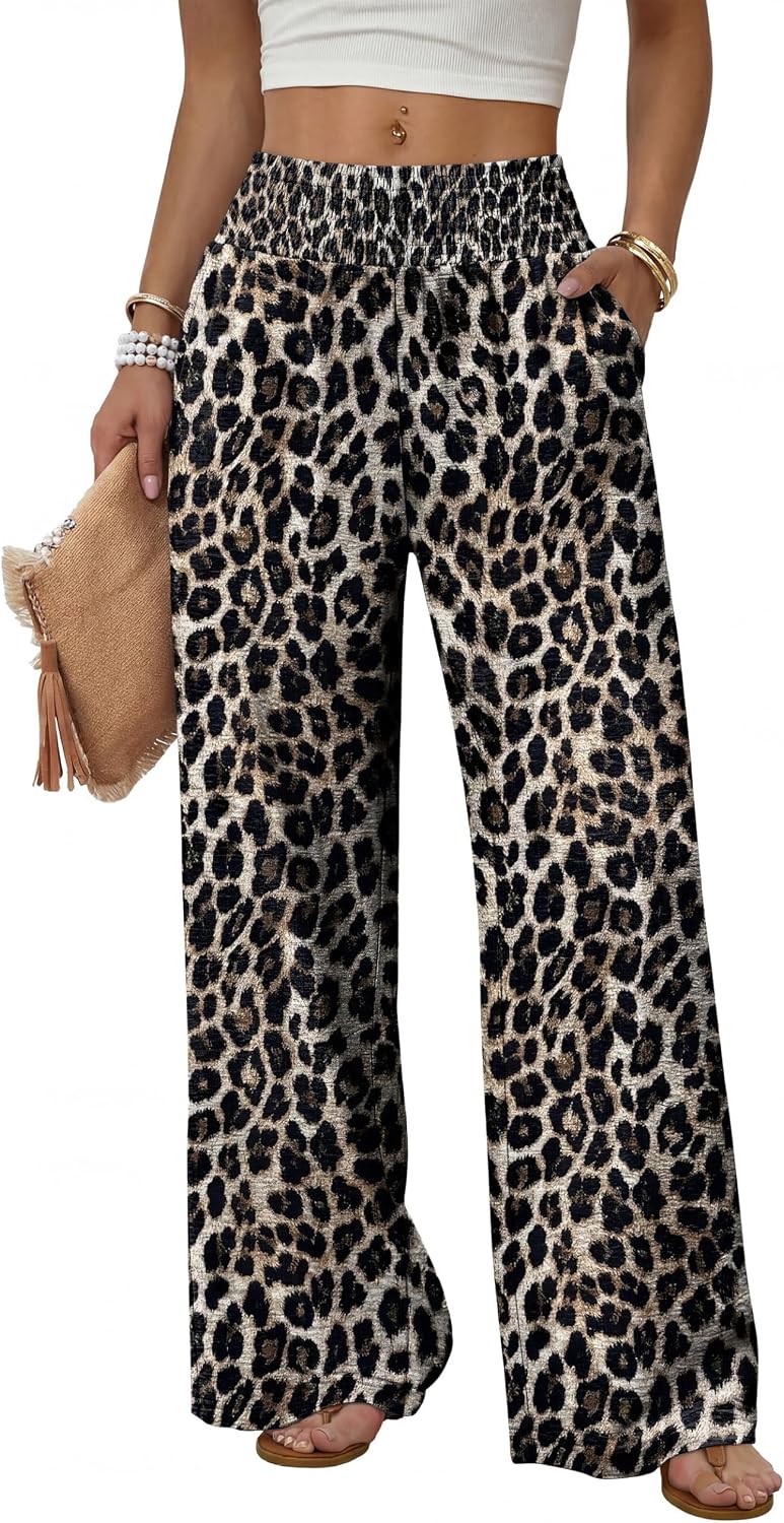 Solenne Women's High-Waisted Wide Leg Lounge Pants with Smocked Waist & Pockets