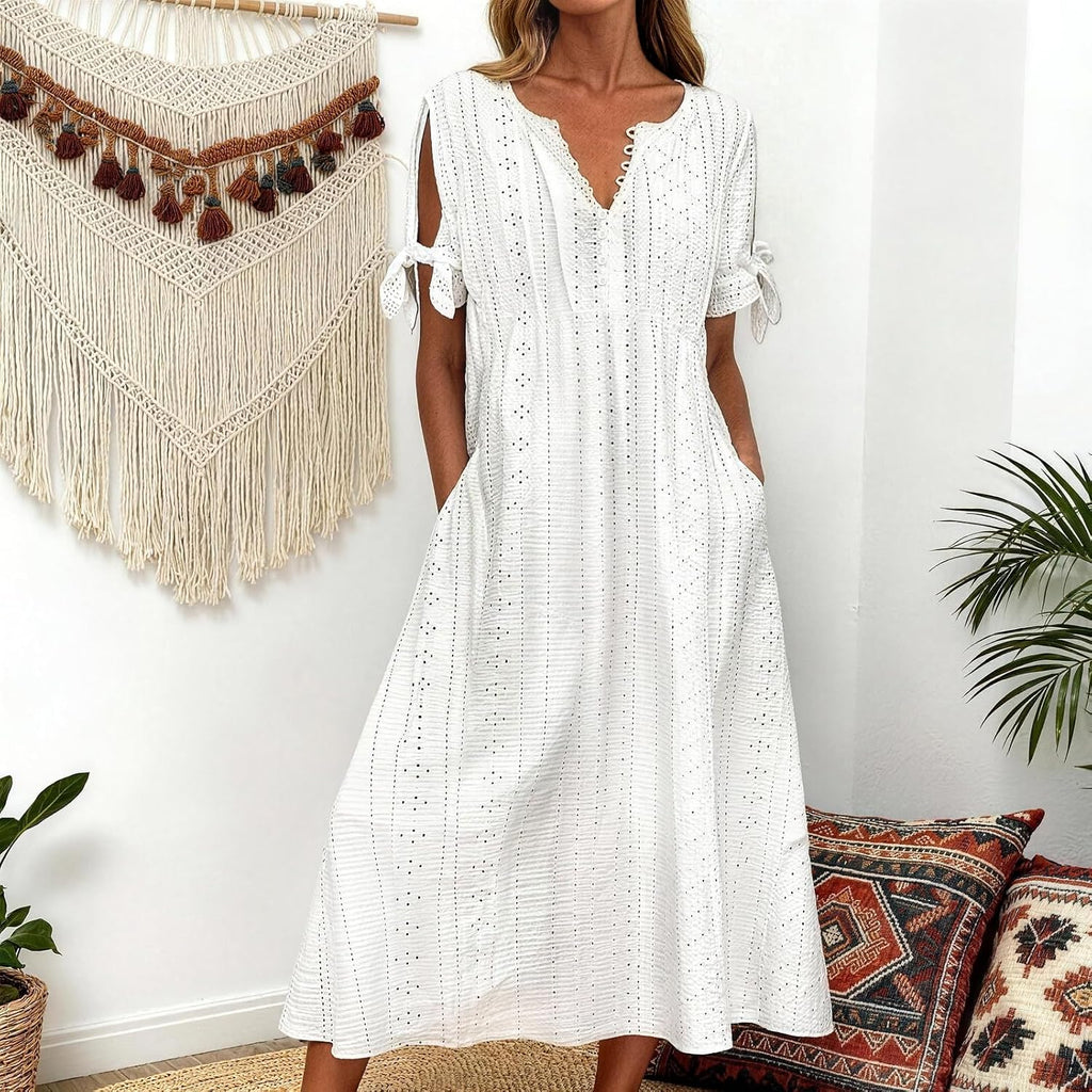 Maren Women's Eyelet V-Neck Maxi Dress with Tie Sleeves and Pockets