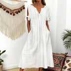 Maren Women's Eyelet V-Neck Maxi Dress with Tie Sleeves and Pockets