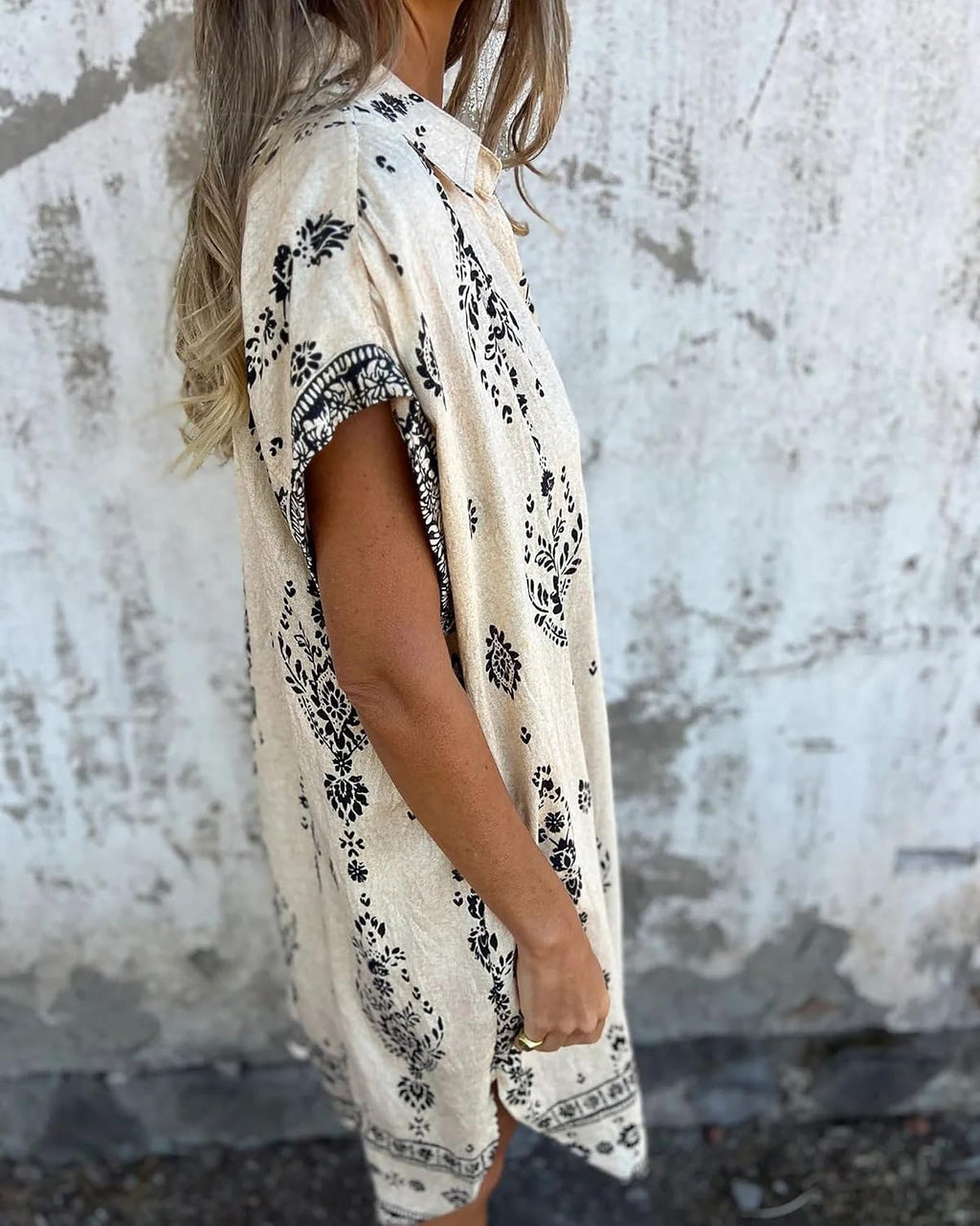 Kyla Printed Linen Shirt Dress – Button-Up Short Sleeve Mini Dress with Pockets