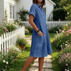 Evelina Linen Blend Shirt Dress – Short Sleeve Midi Dress with Pockets