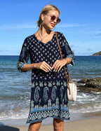 Zafira Bohemian Beach Tunic Mini Dress with V-Neck, Tassel Tie and Flowing Sleeves