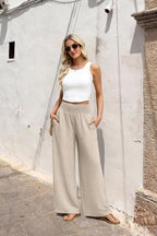 Solenne Women's High-Waisted Wide Leg Lounge Pants with Smocked Waist & Pockets