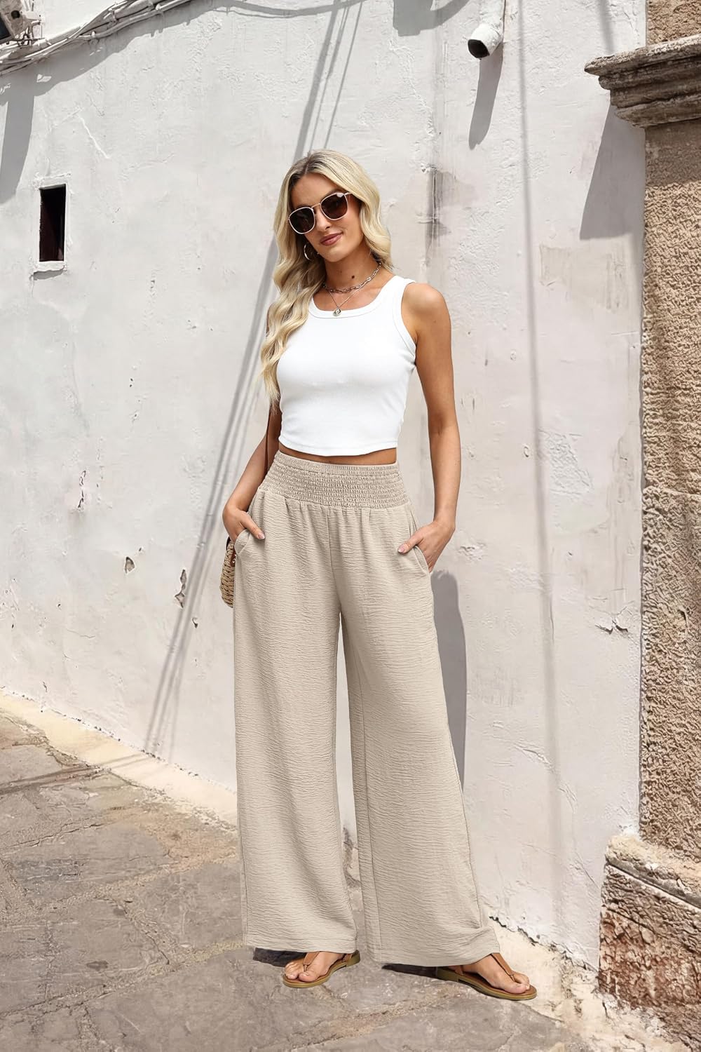 Solenne Women's High-Waisted Wide Leg Lounge Pants with Smocked Waist & Pockets