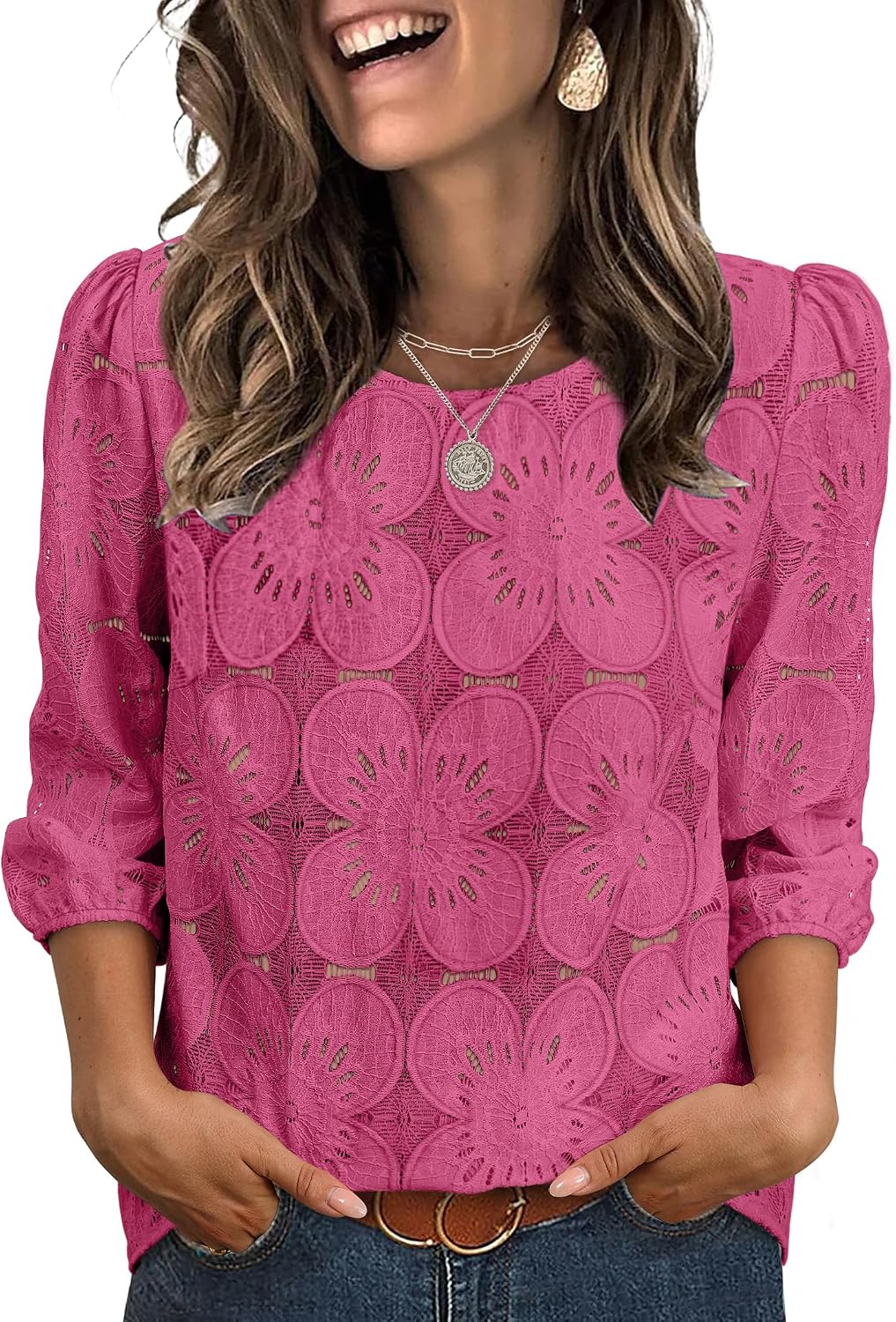 Adeline Women's Eyelet Lace Blouse with 3/4 Puff Sleeves & Embroidered Detail