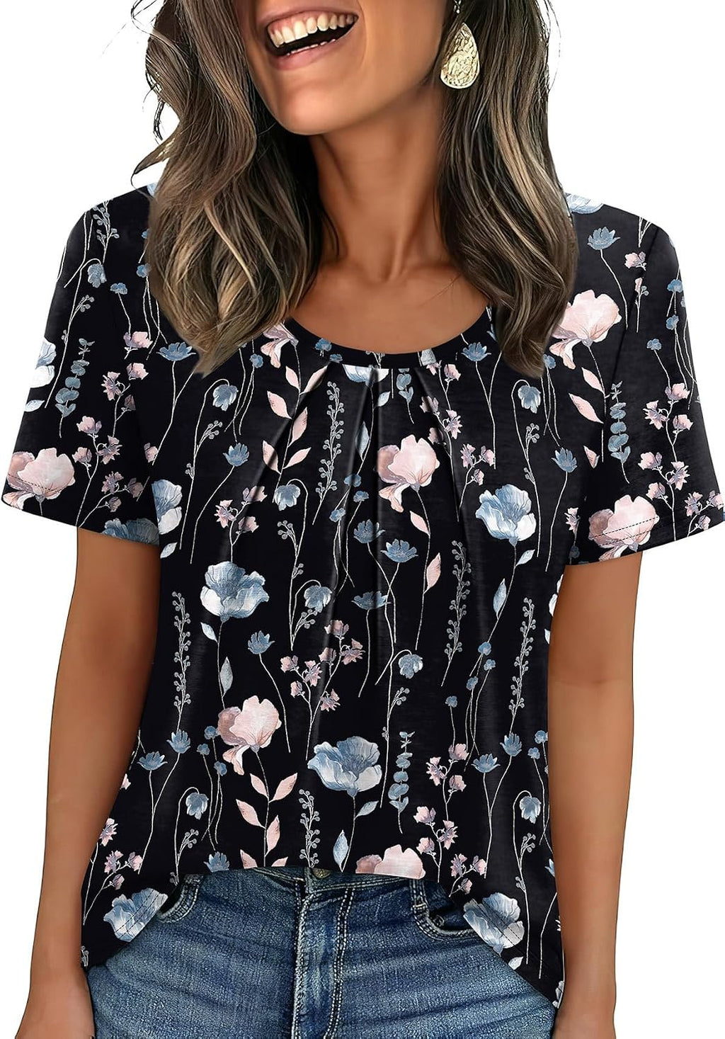 Noemi Women's Pleated Scoop Neck Blouse with Relaxed Short Sleeves