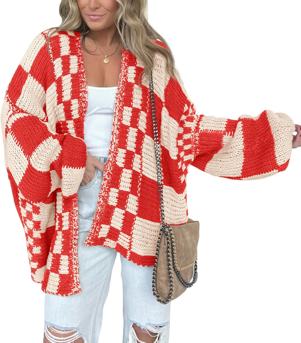 Daniel Women's Checkered Knit Cardigan – Open-Front Design, V-Neckline & Cozy Fit