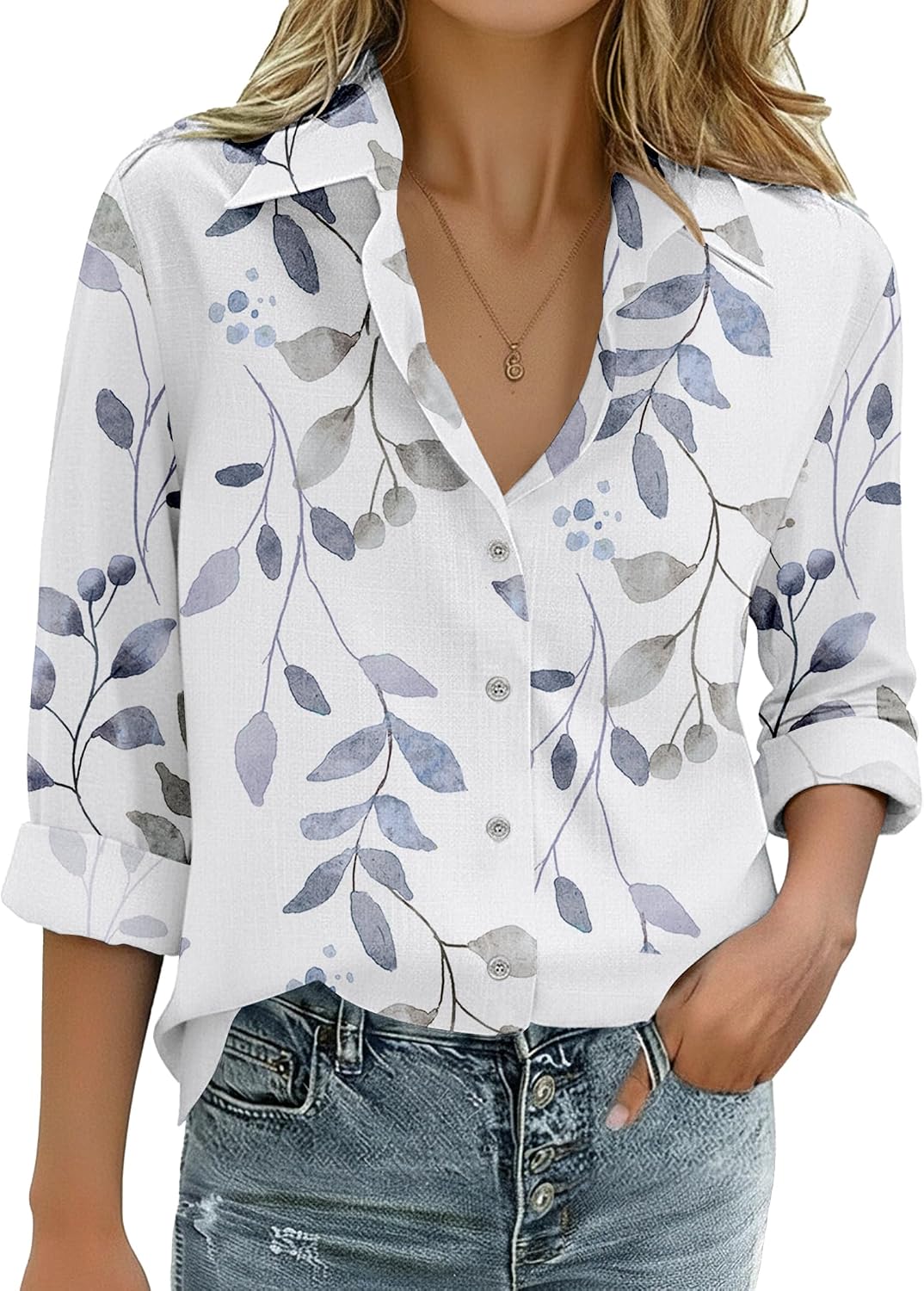 Nadia - Printed Cotton Button Down Long Sleeve Collared Shirt for Women Casual Blouse