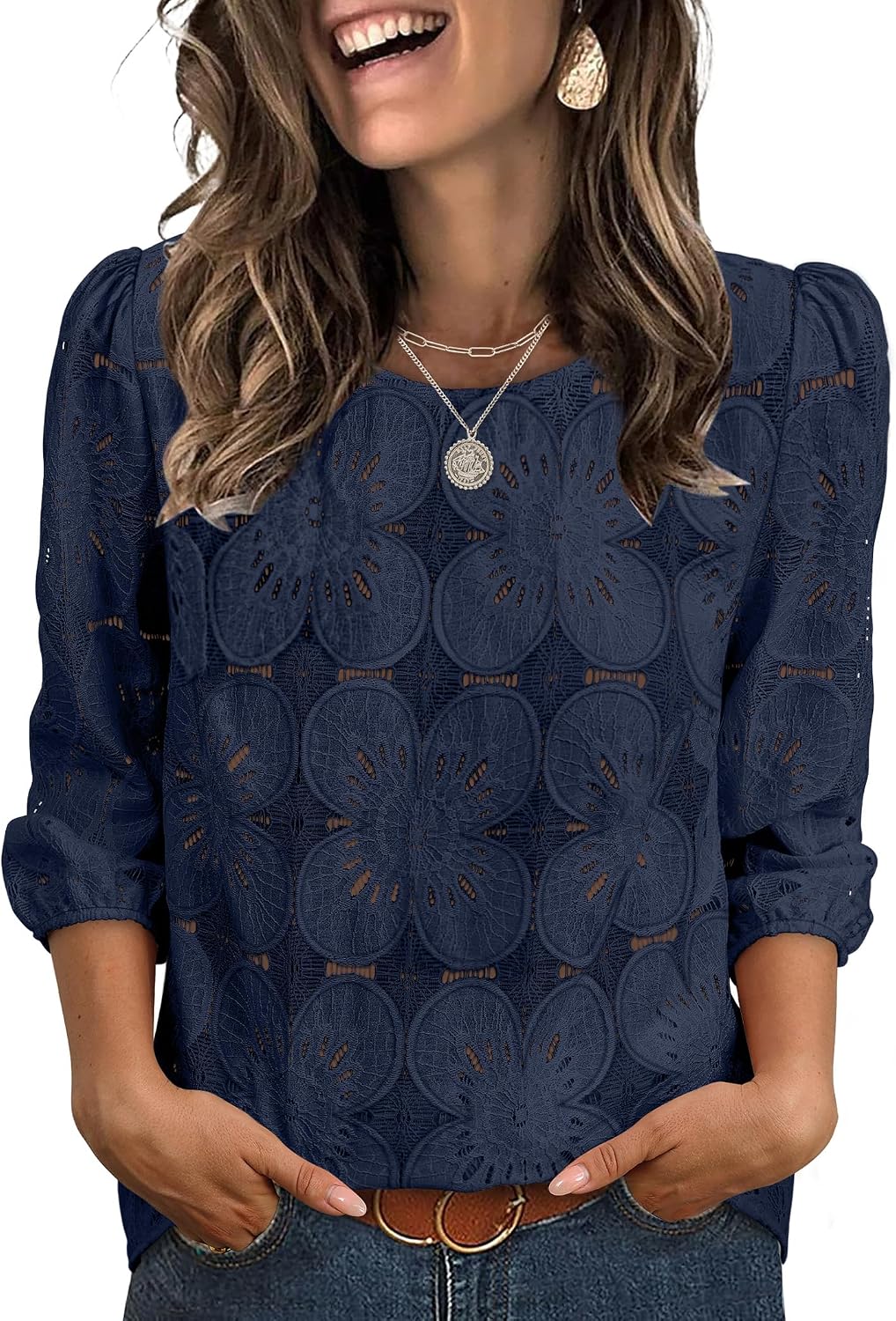 Adeline Women's Eyelet Lace Blouse with 3/4 Puff Sleeves & Embroidered Detail