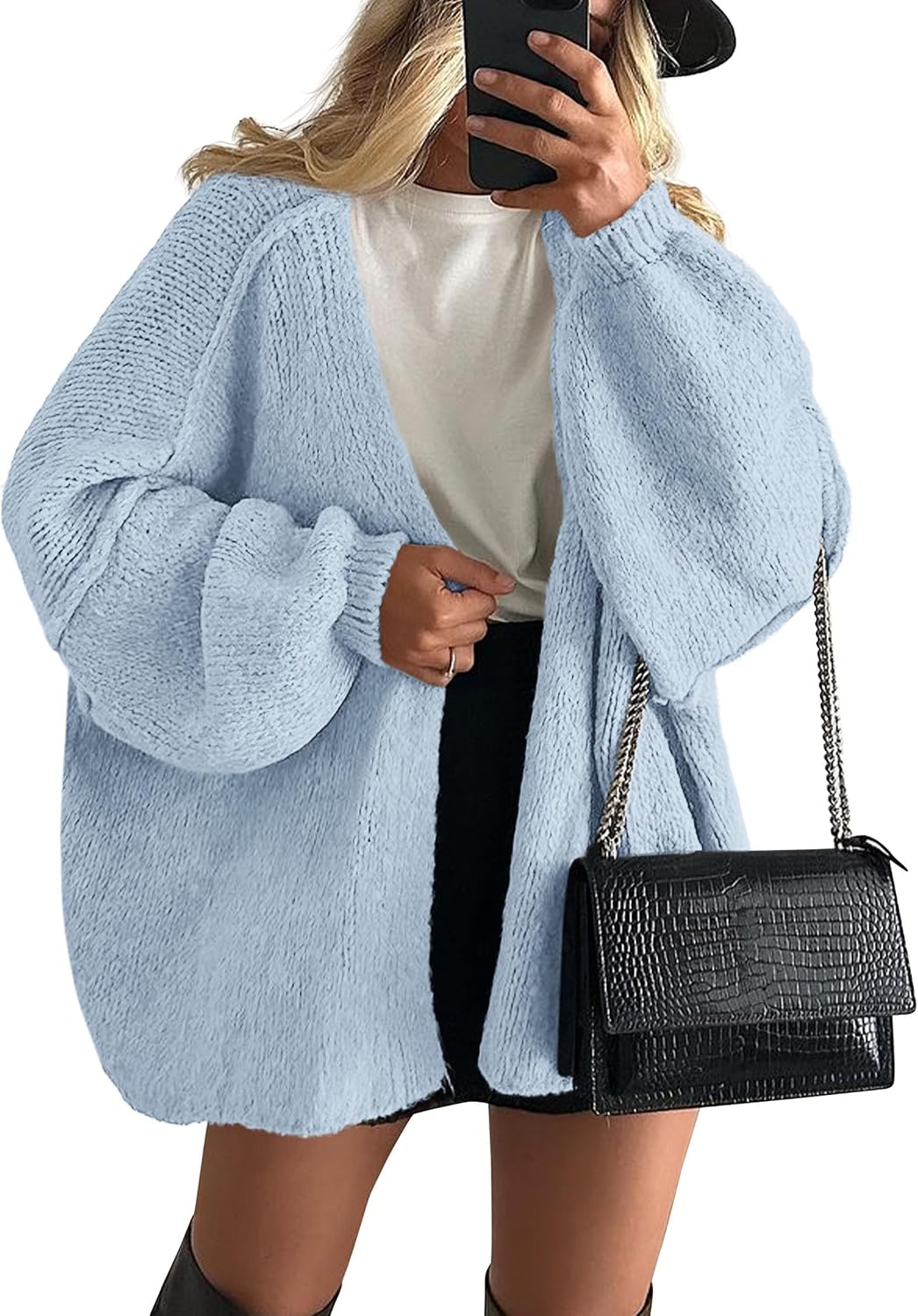 Sabrina - Oversized Open Front Chunky Knit Cardigan with Lantern Sleeves for Women