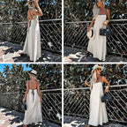 Virelle Women's Linen Maxi Dress with Contrast Trim, Adjustable Straps & Back Tie