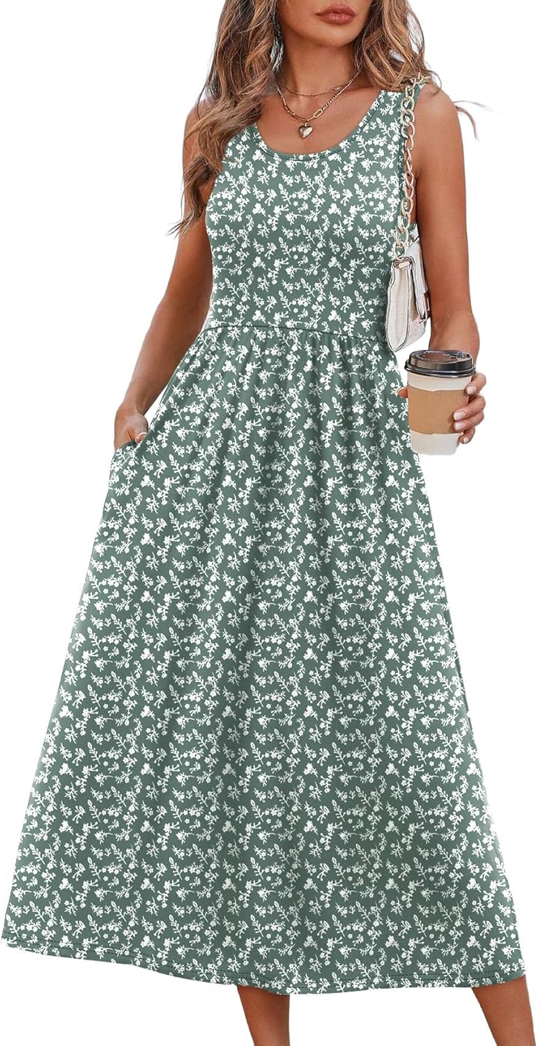 Odessa Women's Sleeveless Midi Dress with Empire Waist, Flowy A-Line Skirt & Pockets