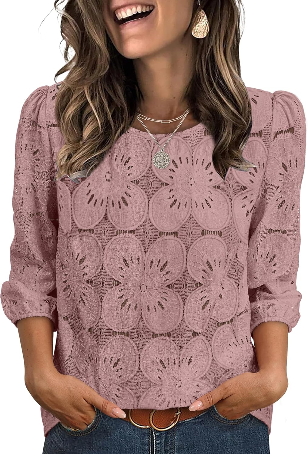 Adeline Women's Eyelet Lace Blouse with 3/4 Puff Sleeves & Embroidered Detail