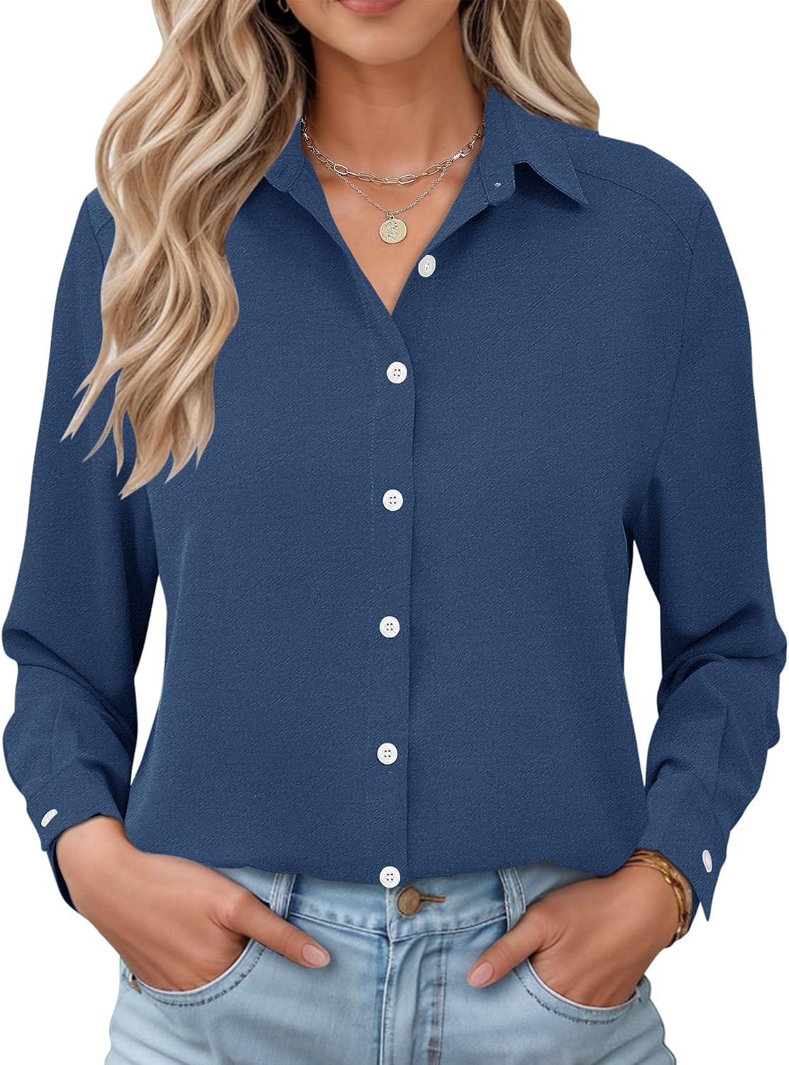 Ellie Women's Gingham Shirt – Button-Up Front, Turn-Down Collar & Roll-Up Sleeves
