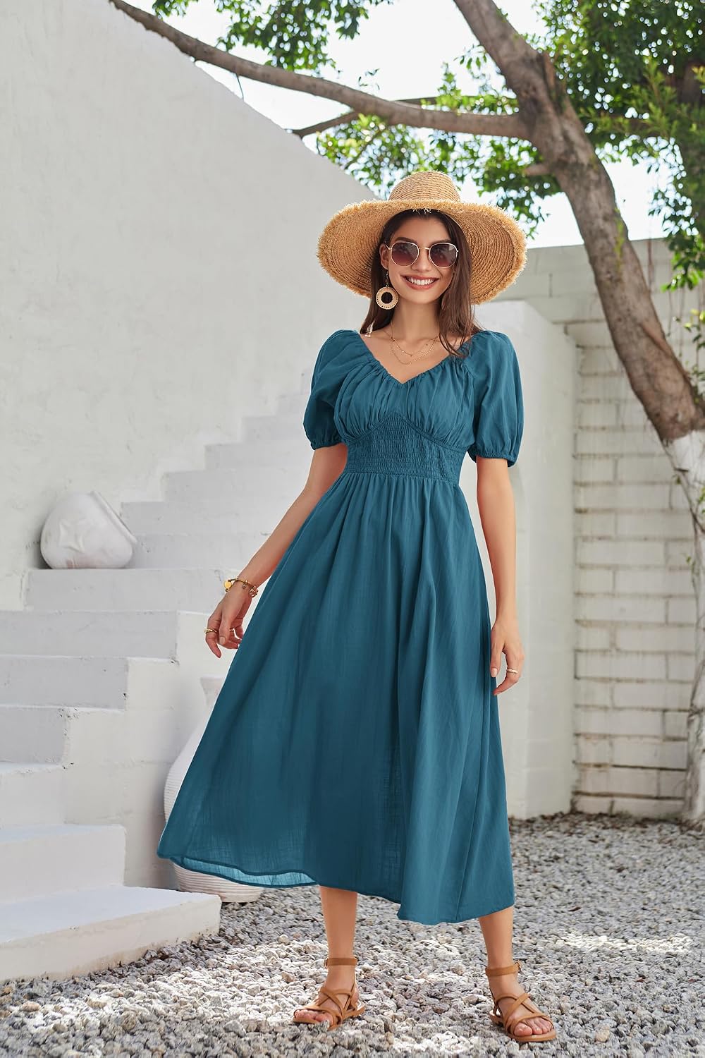 Celestia Cotton A-Line Maxi Dress – Puff Sleeve Off-Shoulder Smocked Dress