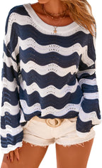 Lourdes - Linen Blend Oversized Striped Crochet Bell Sleeve Summer Sweater for Women