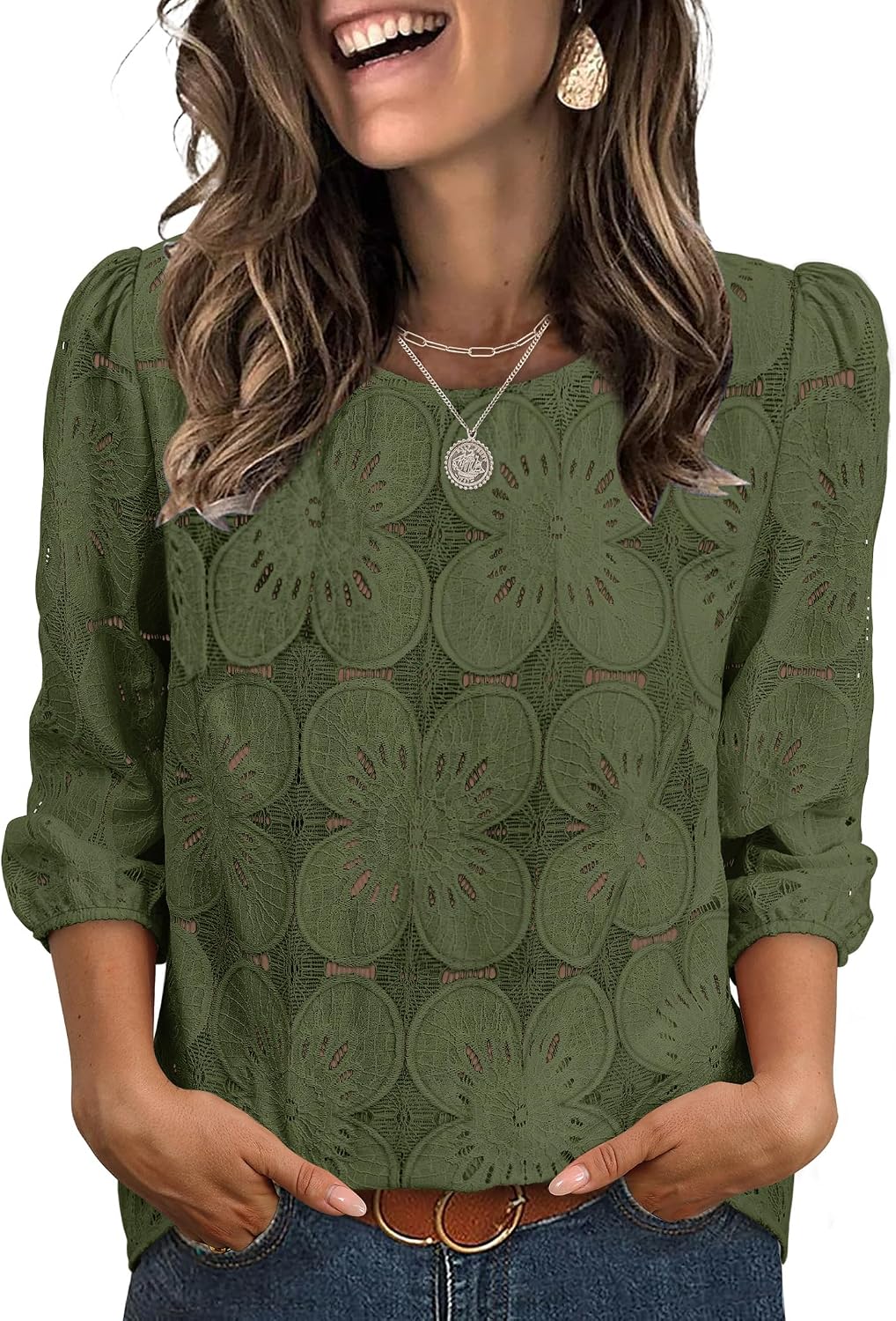 Adeline Women's Eyelet Lace Blouse with 3/4 Puff Sleeves & Embroidered Detail