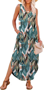 Ariella Women's Tropical Leaf Print Sleeveless Maxi Dress with V-Neck, Side Slit & Pockets