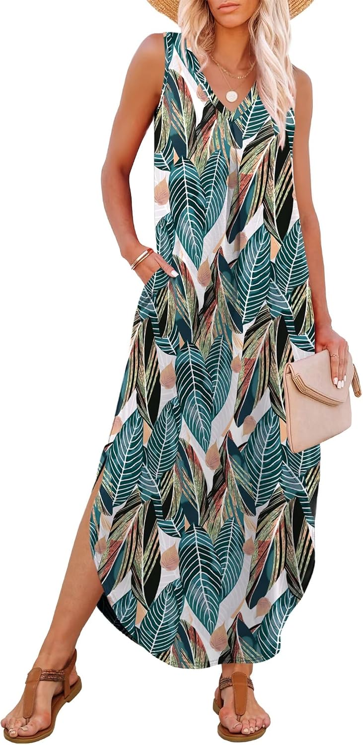 Ariella Women's Tropical Leaf Print Sleeveless Maxi Dress with V-Neck, Side Slit & Pockets