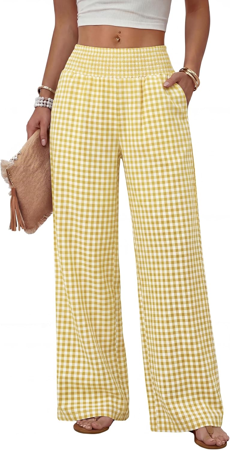 Solenne Women's High-Waisted Wide Leg Lounge Pants with Smocked Waist & Pockets