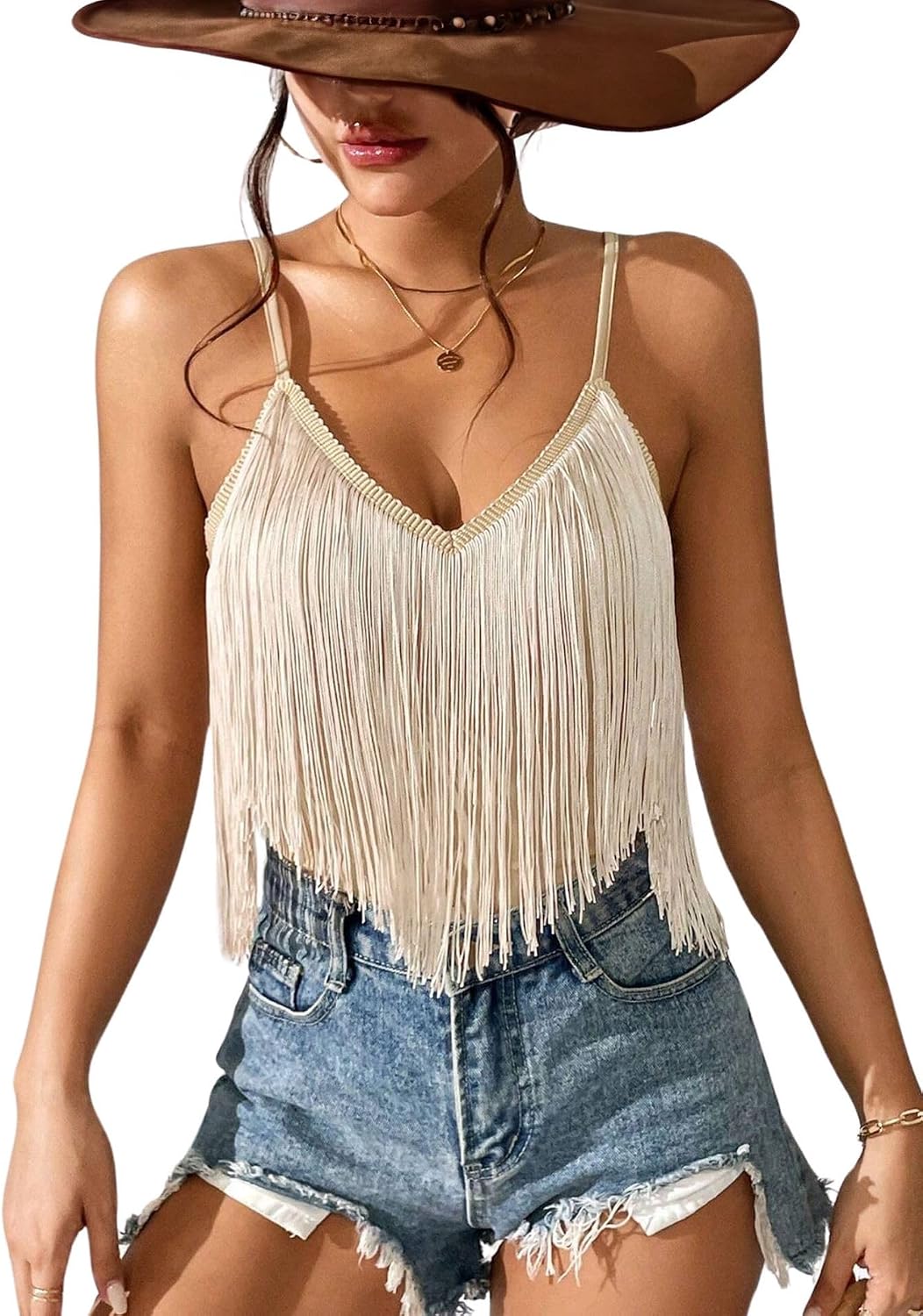 Mireya Fringe Tassel V-Neck Cami Tank Top with Adjustable Straps for Festival Style