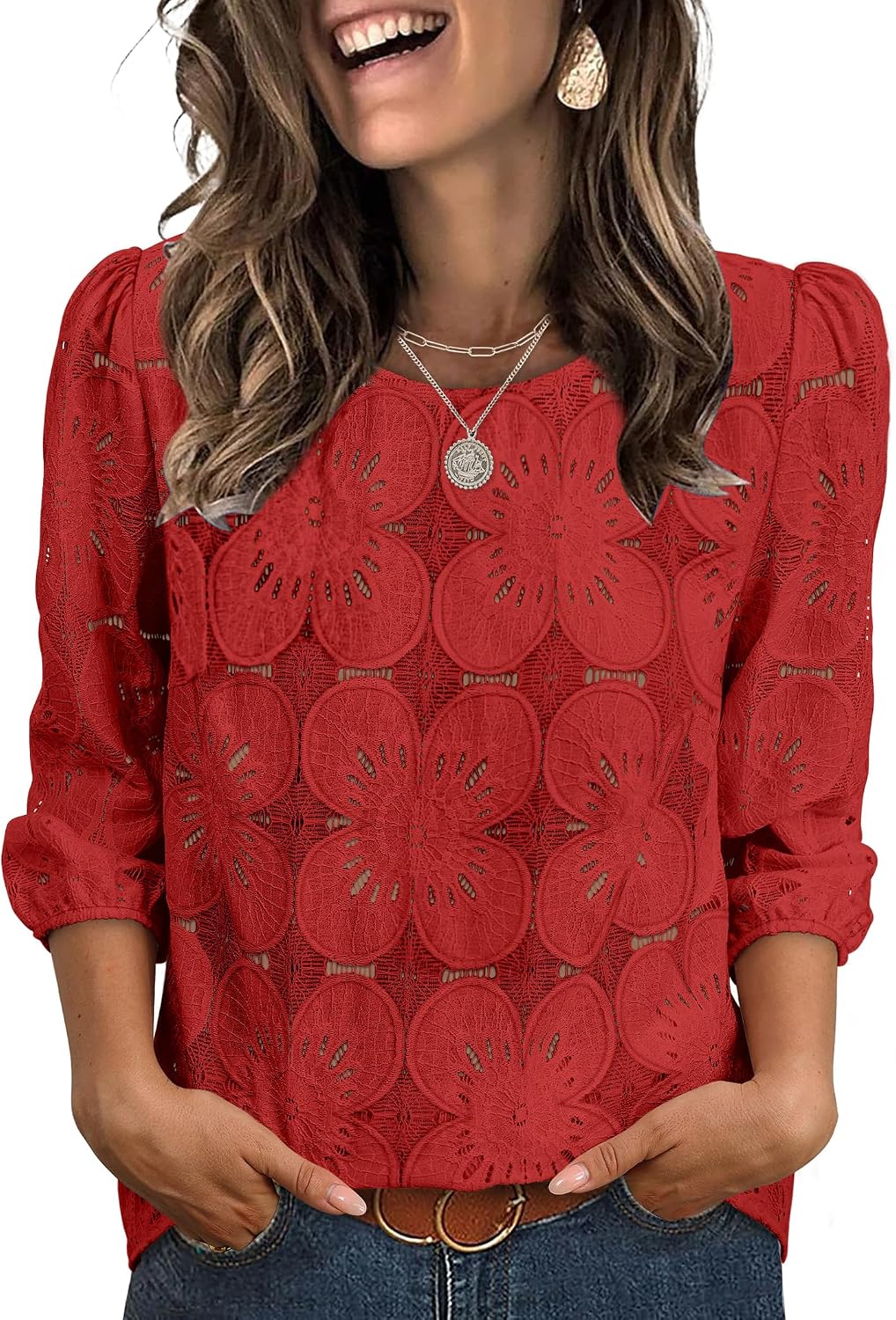 Adeline Women's Eyelet Lace Blouse with 3/4 Puff Sleeves & Embroidered Detail